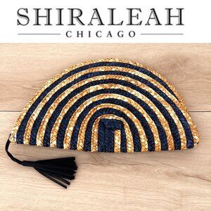SHIRALEAH Chicago Half Moon Woven Wheat Straw Tan Navy Clutch / Wilderkind Chic